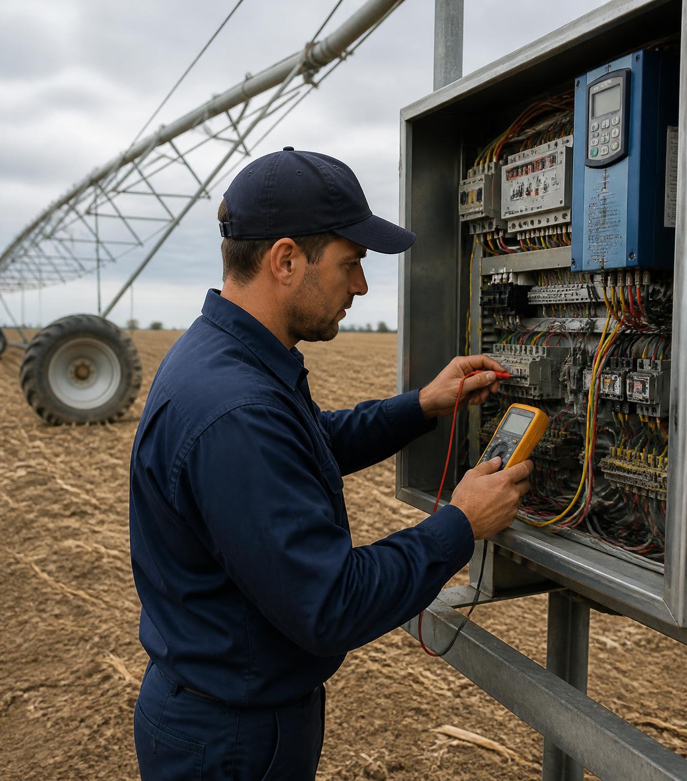 Técnico da INOVE em manutenção de painel elétrico de pivô